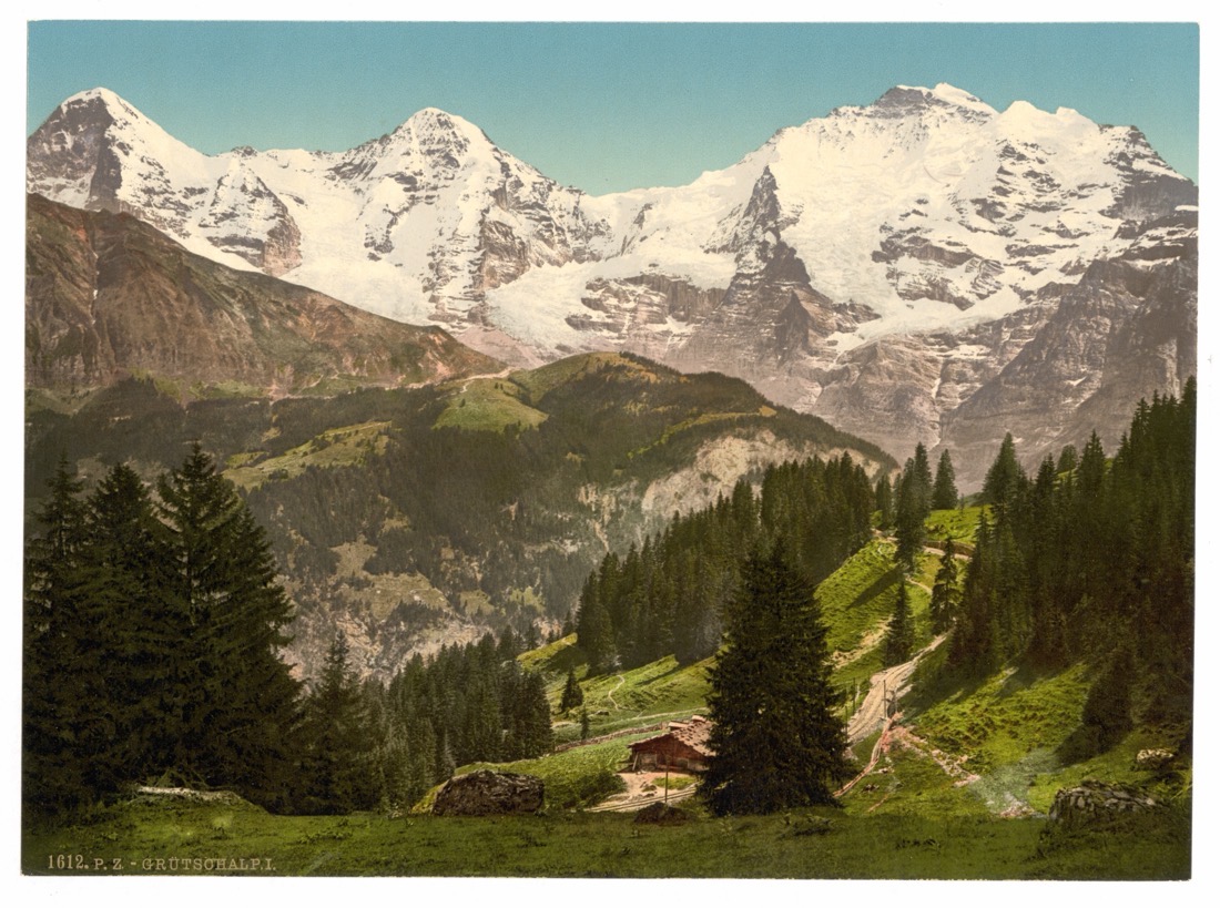 A faded 1890s photochrom of the Eiger, Mönch and Jungfrau in the Bernese Alps