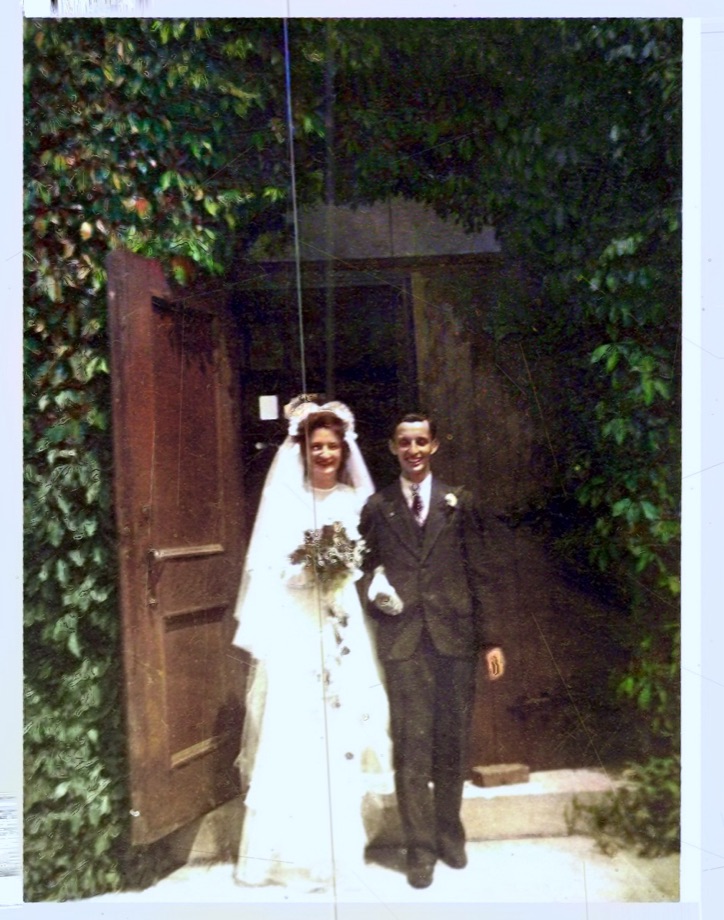 The same 1945 wedding photo straightened, repaired and colorized with warm, natural tones