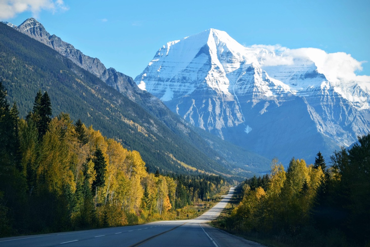 A faded colour photograph of a snow-capped mountain and an autumn forest road