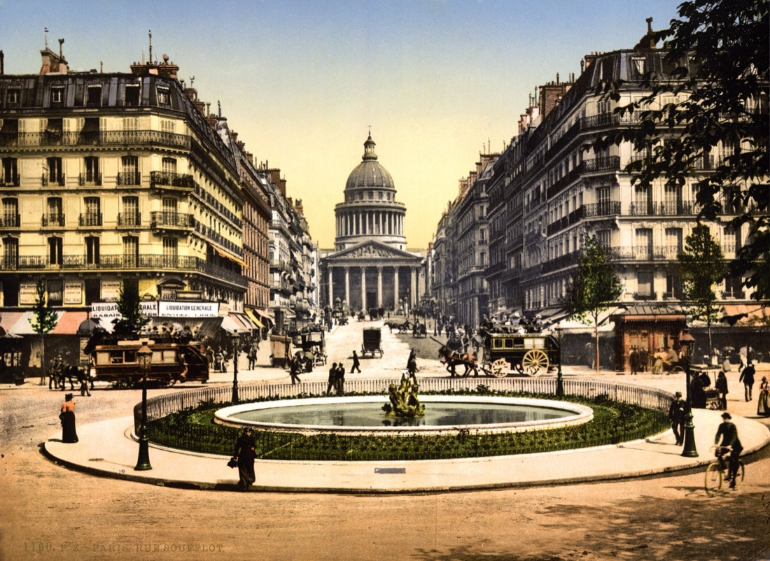 A faded 1890s photochrom of the Panthéon and rue Soufflot in Paris